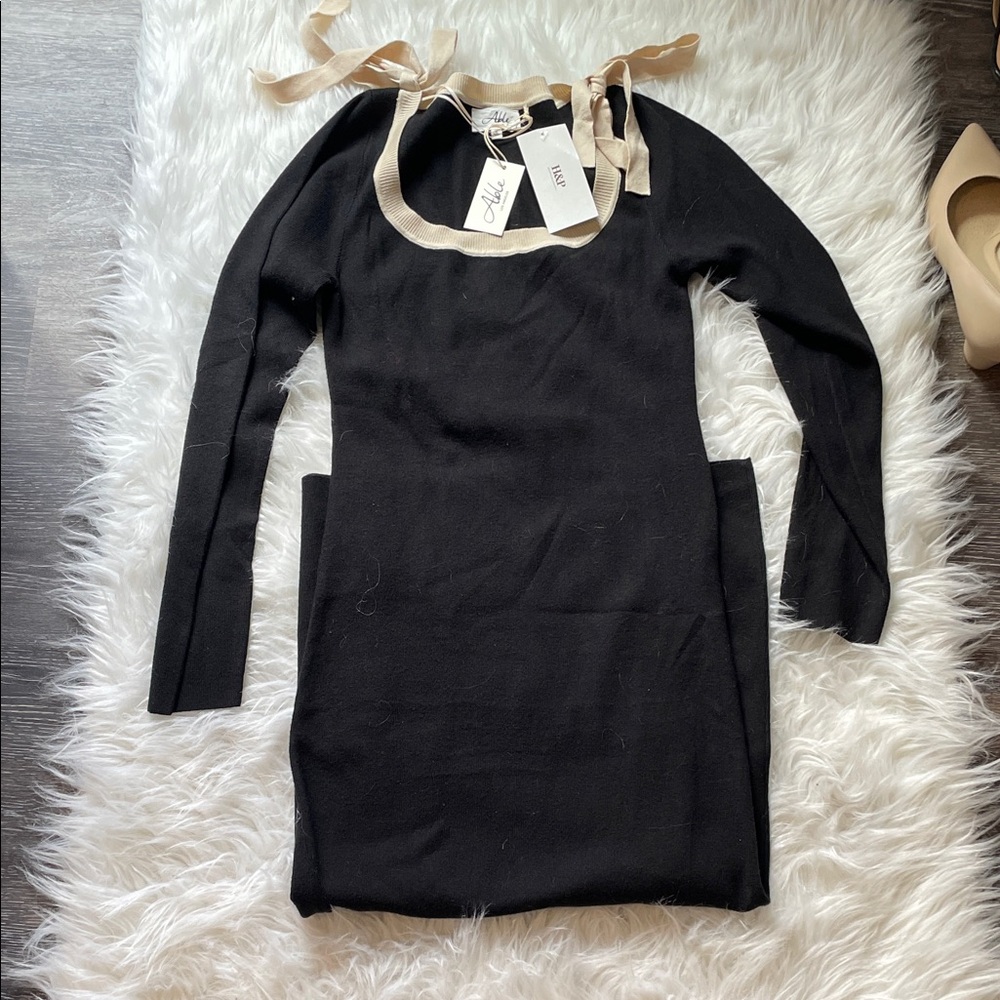 Black Maxi Sweater Dress with Beige Bow Detail
